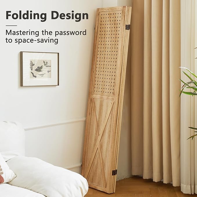 4 Panel Pegboard Wood Room Divider, 5.6Ft Pegboard Display Folding Privacy Screens, Peg Board Display Freestanding for Trade Show Craft Show Home Wall Organizer, Light Brown-CasaMuseHome