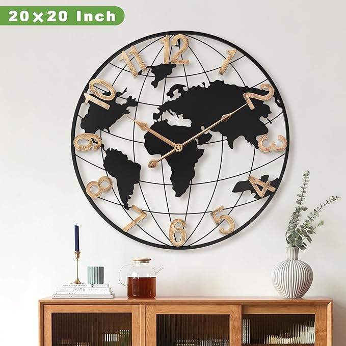 20 Inch Large Wall Clock for Living Room Decor,Big Modern Decorative Silent Metal World Map Wall Clock with Vintage Gold Arabic Numeral for Office,Living Room,Kitchen,Dining Room-CasaMuseHome