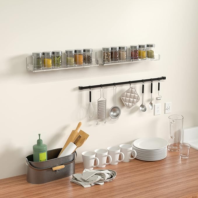 Acrylic Spice Rack Wall Mount, Hanging Spice Shelf Racks for Seasonings, Kitchen Spice Jars Wall Organizer Storage Holder, 2 Pack-CasaMuseHome