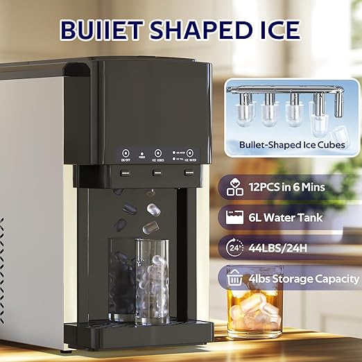 3 in 1 Water Dispenser with Ice Maker, Nugget Ice Maker Countertop, Bullet Ice, Crushed Ice, Water Cooler, 44Lbs/24H, 12 Ice Cube/6Min, Self-Cleaning, 4Lbs Ice Storage, Home, Kitchen, Party, RV-CasaMuseHome