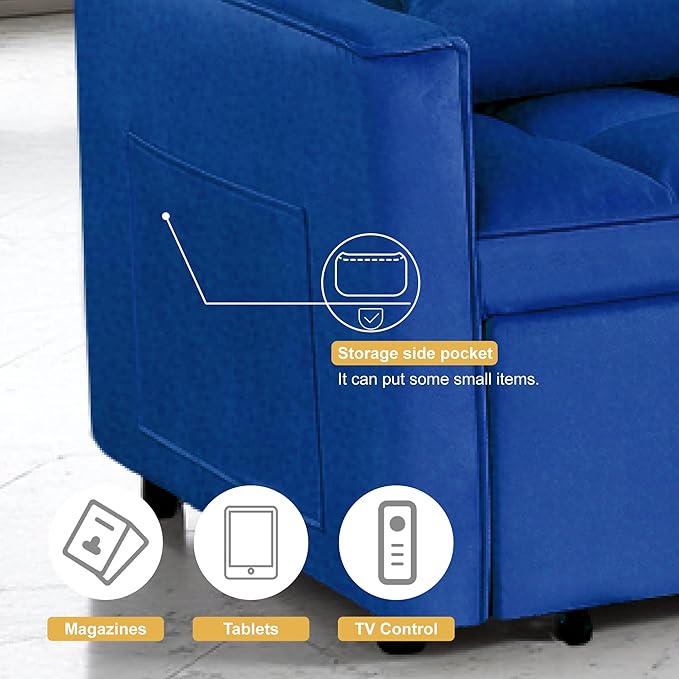 3 in 1 Sleeper Sofa Beds, Futon Sofa Bed for Living Room with Side Pocket, Sleepers Couch with Pullout Bed, Convertible Love Seat Sleepers Couch for Living Room, Bedroom, Small Space, Blue-CasaMuseHome