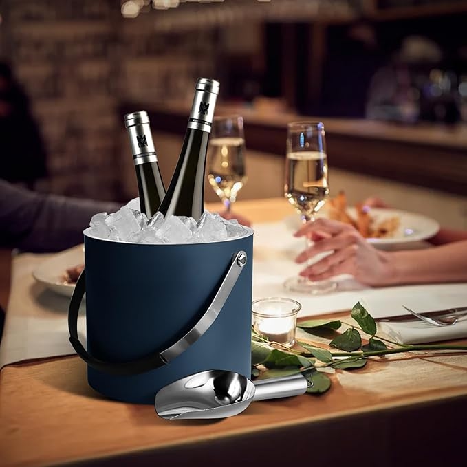 3L Ice Bucket with Silicone Lid, Scoop, Tongs & Strainer, Stainless Steel Double Wall Insulated Ice Buckets for Parties & Cocktail Bar, Outdoor Champagne Ice Container Bin, Navy-CasaMuseHome