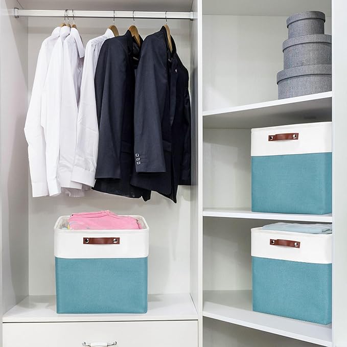 13x13 Cube Storage Bins, Collapsible Fabric Storage Box, 4 Pack Closet Baskets with Handles for Organizing, Shelf, Toys, Clothes, Home, Office, Nursery (Teal&White)-CasaMuseHome