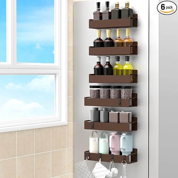 6 Pack Magnetic Spice Rack Organizer for Refrigerator and Oven, Brown Fridge Organizers and Storage for Kitchen-CasaMuseHome