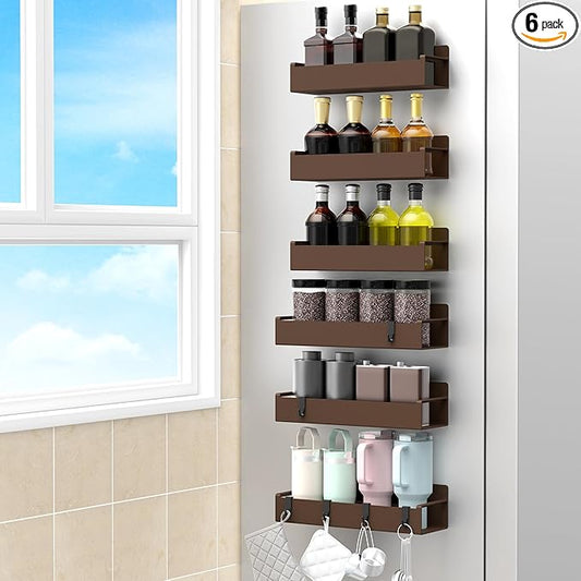6 Pack Magnetic Spice Rack Organizer for Refrigerator and Oven, Brown Fridge Organizers and Storage for Kitchen-CasaMuseHome