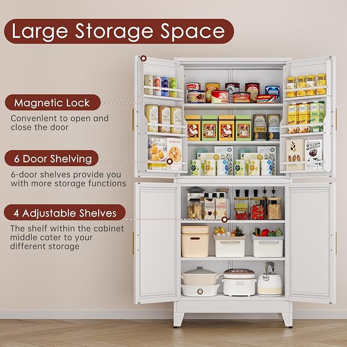75" H Metal Storage Cabinet, Pantry with 6 Door Shelves and 4 Adjustable Shelves, Leveling Foot for Kitchen, Living Room and Dinning Room, White-CasaMuseHome