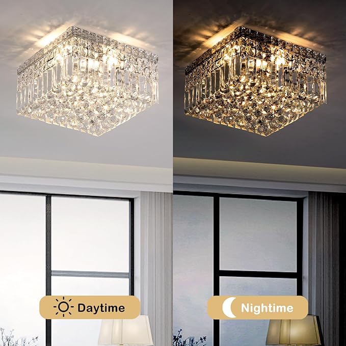 4-Lights Modern Flush Mount Ceiling Light Fixtures,Elegant Crystal Chandelier Pendant Ceiling Lamp for Bedroom,Living Room,Dining Room,Hallway H5.9 x W13.7 x L13.7 (Bulbs Not Included) Square-CasaMuseHome