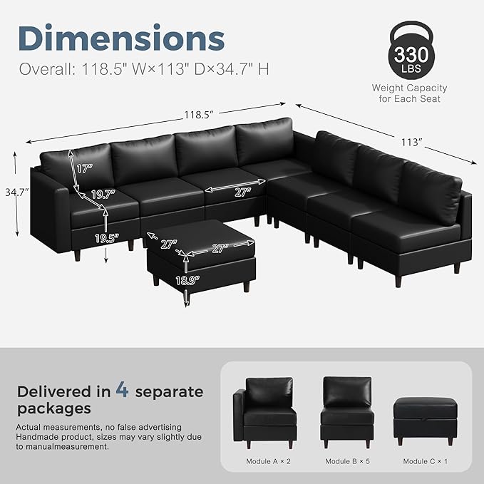 ABCASA 118.5" Faux Leather Modular Sectional Convertible Sofa, L Shaped Couch Set for Living Room, Large 8-Seater Comfy Cloud Couches with Movable Storage Ottoman DIY Combination - Black-CasaMuseHome