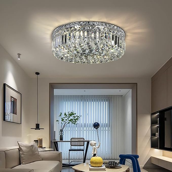 6-Lights Crystal Flush Mount Chandelier Light Fixture with K9 Crystals Modern Ceiling Lights Elegant Pendant Lamp for Bedroom,Hallway,Bar,Living Room,Dining Room,H5.9 xW20 (Bulbs Not Included)-CasaMuseHome