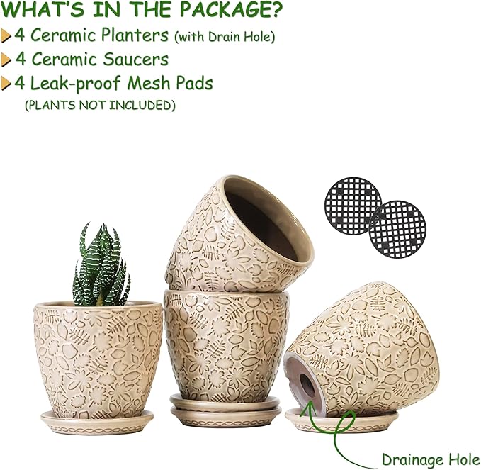 4 Inch Mini Plant Pots, Ceramic Succulent Planter with Drainage Hole and Saucers for Indoor Plants, Small Garden Pots for Succulent, Herb and Flower, Set of 4-CasaMuseHome