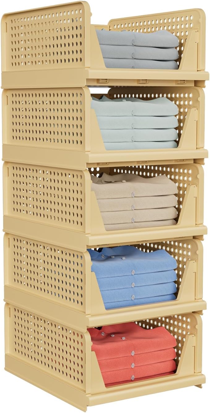 5 Pack Stackable Closet Storage Basket - Stackable Storage Bins, Multifunctional & Foldable Closet Organizer, Wardrobe Cupboard Space-Saving Hat Storage Drawer Organizer, Yellow-CasaMuseHome