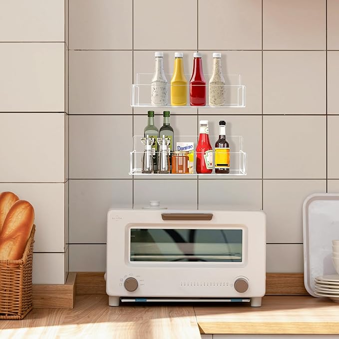 Acrylic Spice Rack Wall Mount-9 Inch, Clear Spice Shelf Storage Holder, 2 Pack Hanging Seasoning Rack Organizer for Cabinet Door, Cupboard or Wall Kitchen (Adhesive or Screw)-CasaMuseHome