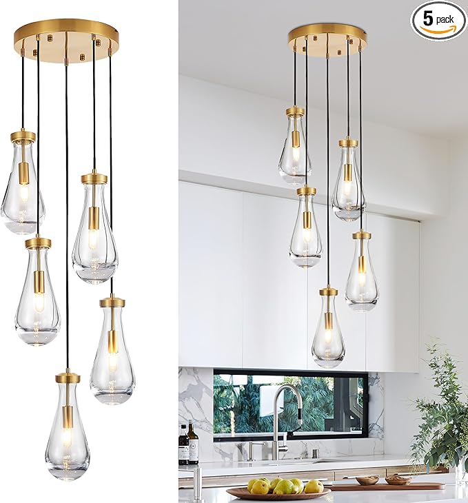 5-Light Raindrop Pendant Light Fixtures, Brass Glass Pendant Lighting, Teardrops Modern Hanging Light for Entryway Foyer Kitchen Island Dining Living Room Hallway-CasaMuseHome