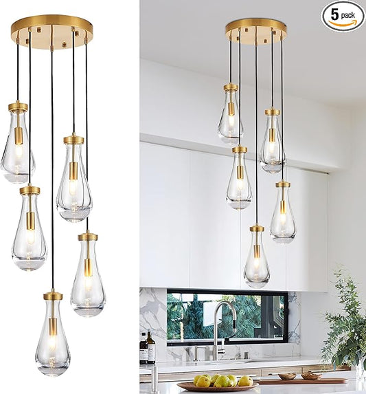 5-Light Raindrop Pendant Light Fixtures, Brass Glass Pendant Lighting, Teardrops Modern Hanging Light for Entryway Foyer Kitchen Island Dining Living Room Hallway-CasaMuseHome