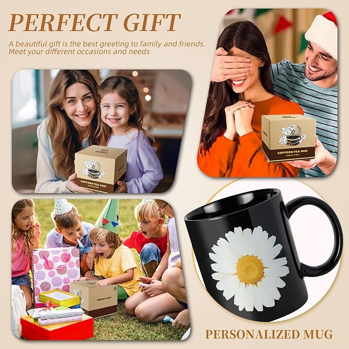 12Oz Daisy Black Ceramic Mug, Mug for Daily Coffee and Tea, Lead-free, Microwave and Dishwasher Safe Coffee Mug, Perfect gifts for women and men-CasaMuseHome