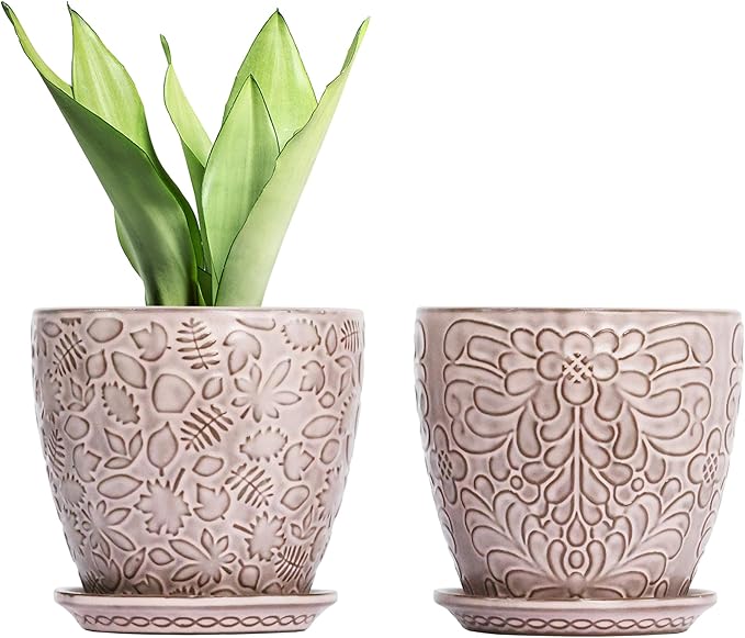 6 Inch Retro Ceramic Planter Set of 2 with Drainage Hole and Saucer for Plants, Indoor-Outdoor Garden Pots for Succulent, Orchid, and Flower (Fits Inner Pots Up to 5 Inches, Retro Peach)-CasaMuseHome