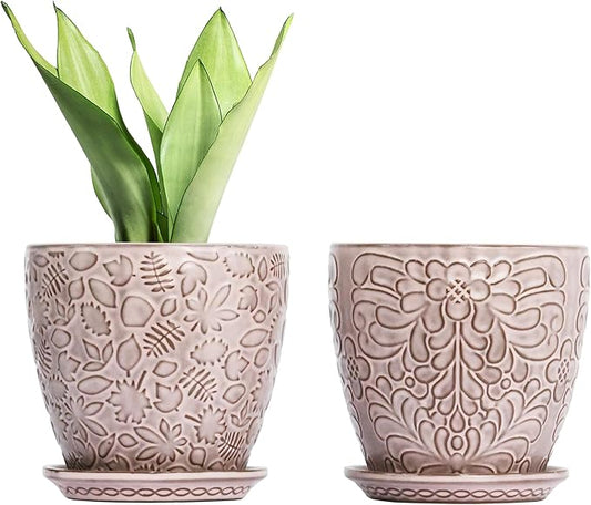 6 Inch Retro Ceramic Planter Set of 2 with Drainage Hole and Saucer for Plants, Indoor-Outdoor Garden Pots for Succulent, Orchid, and Flower (Fits Inner Pots Up to 5 Inches, Retro Peach)-CasaMuseHome
