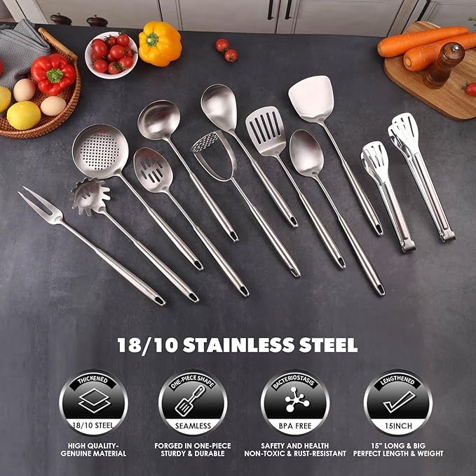 18/10 Stainless Steel Kitchen Utensils Set - 12 PCS All Metal Cooking Tools & 15″ Serving Utensils - Potato Masher, Meat Fork, Tongs, Turner, Pasta, Serving Spoon, Skimmer, Ladle, Spatula Spoon Set-CasaMuseHome