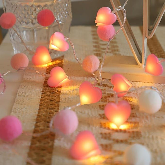 9.85Ft String Lights with 20 Pink Heart LEDs 20 Pink Pom Poms Garland Lights with Timer Valentine Decoration for Home Kid Bedroom Mother's Day Wedding Party Valentine's Day Decor-CasaMuseHome