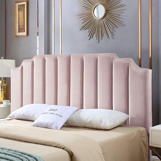 24KF Pink Velvet Tufted King Upholstered Headboard, Modern Vertical Channel Design California King Headboard with Stepped Silhouette Top Edge, Pink-CasaMuseHome