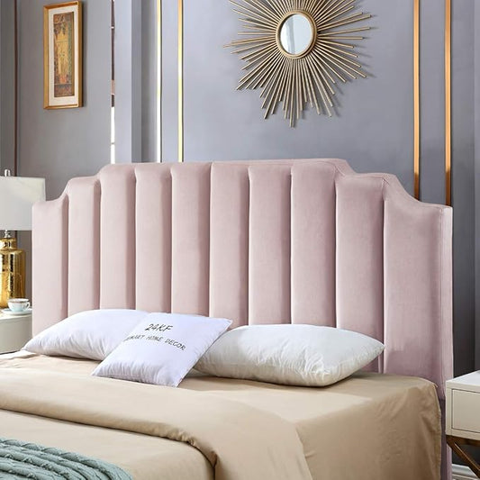 24KF Pink Velvet Tufted King Upholstered Headboard, Modern Vertical Channel Design California King Headboard with Stepped Silhouette Top Edge, Pink-CasaMuseHome