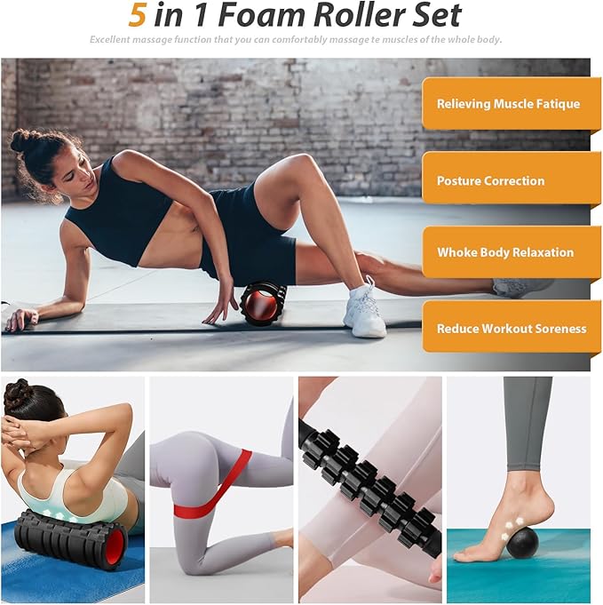 5 in1 Foam Roller Set, Trigger Point Foam Roller, Massage Roller Stick, Massage Ball, Resistance Band for Deep Muscle Massage Pilates Yoga,Fitness Exercise for Whole Body (Black-Red)-CasaMuseHome
