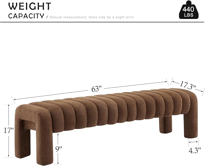 63" Bedroom Bench, Upholstered Entryway Bench, Modern End of Bed Ottoman with Solid Wood Legs and Adjustable Foot Pegs for Entryway, Dining Room and Living Room (Brown Boucle)-CasaMuseHome