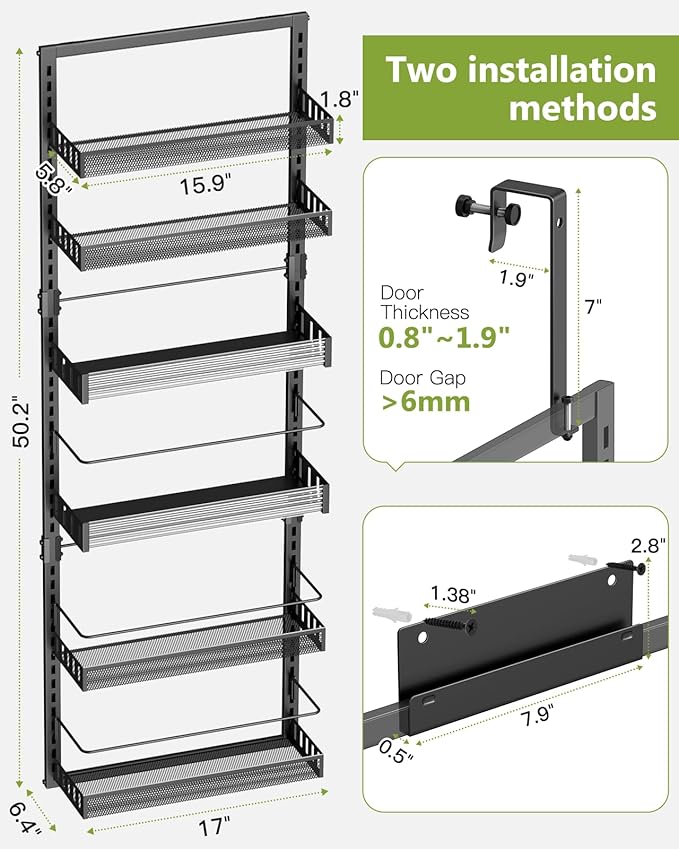 6-Tier Over the Door Pantry Organizer, 2 in 1 Large Door Spice Rack with Adjustable Metal Baskets, Heavy Duty Hanging or Wall Mounted Storage Organizer for Kitchen Pantry and Room Wall-CasaMuseHome