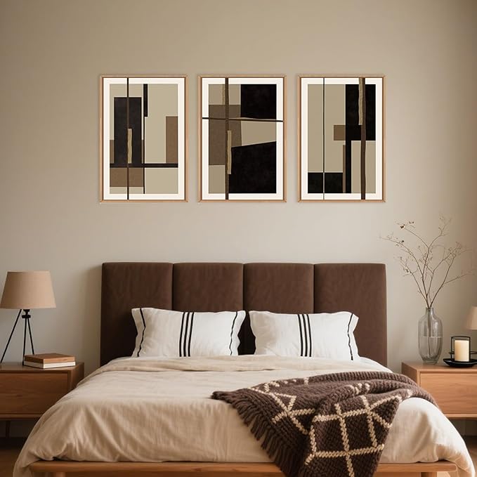 Abstract Shapes Framed Canvas Wall Art Set, Mid-Century Black Polygon Wall Decor, Black Brown Irregular Painting, Neutral Modern Art Print for Living Room, Dining Room, Office - 16"x24"x3-CasaMuseHome
