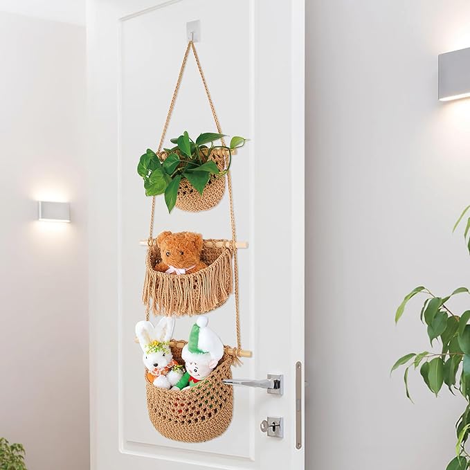 3 Tier Hanging Fruit Basket for Kitchen, Handmade Woven Cotton Hanging Wall Basket for Fruit Vegetable with 6 Hooks, Boho Style Over The Door Organizer for Living Bathroom Bedroom-CasaMuseHome