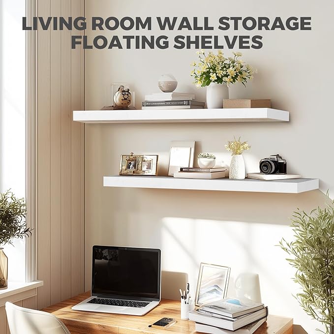 36"x6.8"x1.2" Solid Wood Floating Shelves 2-Pack - Rustic White Finish with Hidden Brackets, Perfect for Storage and Décor in Living Room, Kitchen, Bedroom-CasaMuseHome
