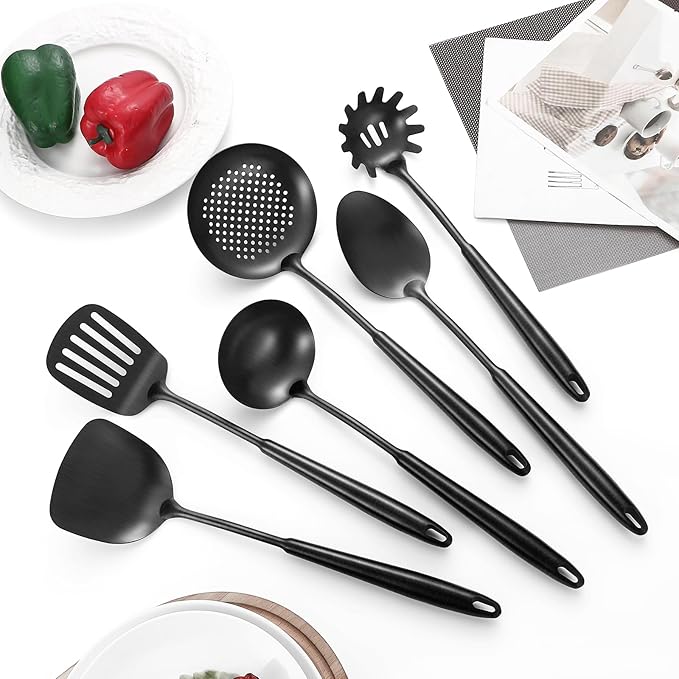 304 Stainless Steel Cooking Utensils,6 Pcs Kitchen Cooking Utensils Set with Spatula, Solid Spoon, Ladle, Skimmer, Spaghetti Spoon,Dishwasher Safe(Black)-CasaMuseHome