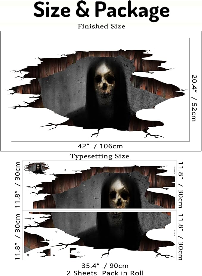 3D Halloween Wall Decals Scary Skeleton Halloween Wall Stickers, Spooky Long Hair Zombie Floor Decor Posters Decals Decorations for Living Room Bedroom Party Supplies-CasaMuseHome