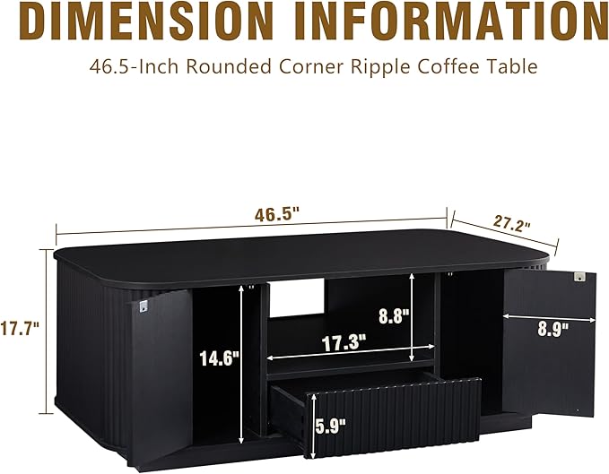 46.5" Oval Coffee Table with Drawers and Storage Mid Century Modern Fluted Solid Wood Side Coffee Tables, Luxury Tea Table Center Table for Living Rooms Offices Apartmen, Black-CasaMuseHome