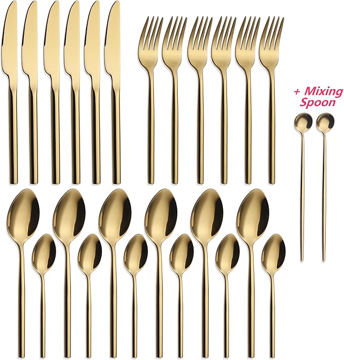 24 Piece Silverware Set For 6 Gold Heavy duty 18/10 Stainless Steel Flatware Set Modern Design Knife/Fork/Spoon Mirror Polished Dishwasher Safe Cutlery Set with Gifts-CasaMuseHome