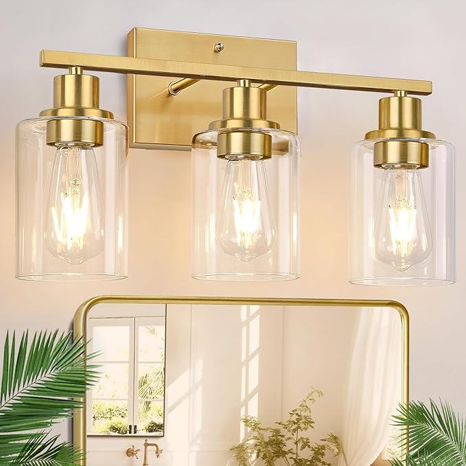 3-Light Vanity Lights with Clear Glass Shades, Brushed Gold Bathroom Light Fixtures Over Mirror, Modern Bathroom Wall Lamp for Mirror Living Room Cabinet Bedroom Porch-CasaMuseHome