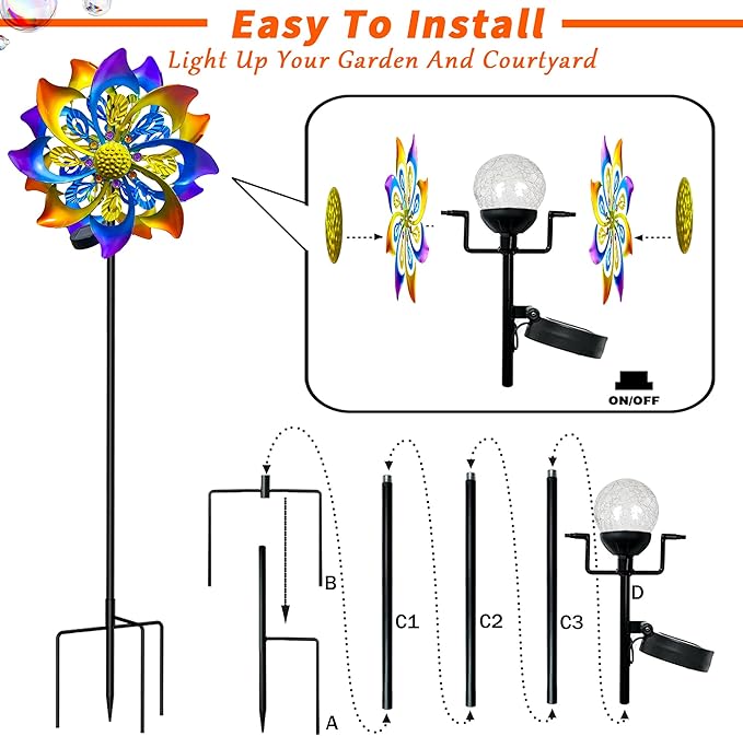 60 Inch Solar Wind Spinner Outdoor - Double-Sided Rotating Colorful Kinetic Wind Spinners for Garden, Yard Decorations Outdoor,Metal Wind Sculptures & Spinners, Wind Art-CasaMuseHome