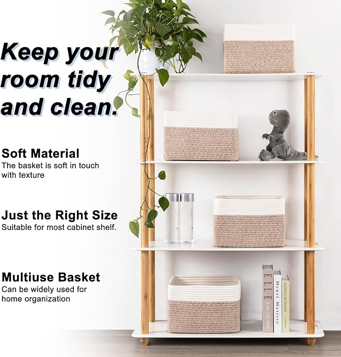 4 Pack Storage Baskets for Organizing, Woven Baskets for Shelves - Perfect for Toys, Books, Towels, and Clothes, Durable Gift Basket Bins Toy Storage, 12.7''Lx9''Wx7.8''H, Brown & White-CasaMuseHome