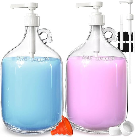2 Pack Gallon Glass Pump Bottle Dispensers with 3 Pumps and 2 Airtight Lids, Laundry Soap Dispensers with 1 Funnel, Liquid Laundry Detergent Dispensers for Fabric Softener, Shampoo, Body Wash-CasaMuseHome