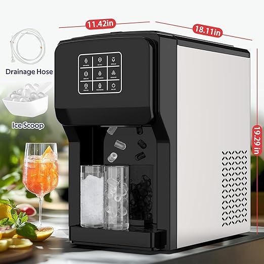3 in 1 Water Dispenser with Ice Maker, Ice Maker Countertop, Bullet Ice, Crushed Ice, Water Cooler, 44Lbs/24H, 12 Ice/6Min, Self-Cleaning, 4Lbs Ice Storage, Home/Kitchen/Party/RV (Touchscreen)-CasaMuseHome
