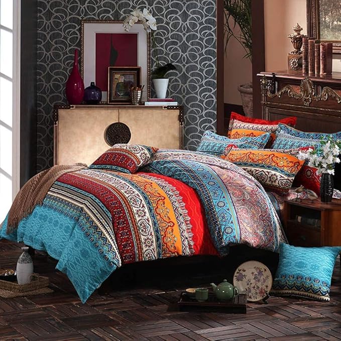 ABREEZE 3Pcs Bohemia Retro Bedding Ethnic Vintage Floral Duvet Cover Boho Bedding 100% Brushed Cotton Bedding Sets Damask Paisley Coloful Mandala Down Comforter Cover,King-CasaMuseHome