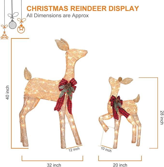 2 Pcs Reindeer Christmas Decoration, Xmas Lighted Golden Shimmering Doe and Fawn Display Set with 105 Warm White Lights for Yard Lawn Indoor Outdoor-CasaMuseHome