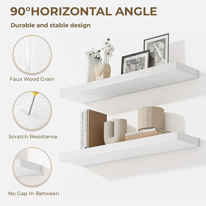 36 Inches Floating Shelves for Wall, 9.3" Deep Long Floating Shelves Set of 2, Large Display & Storage Shelf, Wall Shelf for Bathroom Bedroom Living Room Kitchen Office, White-CasaMuseHome