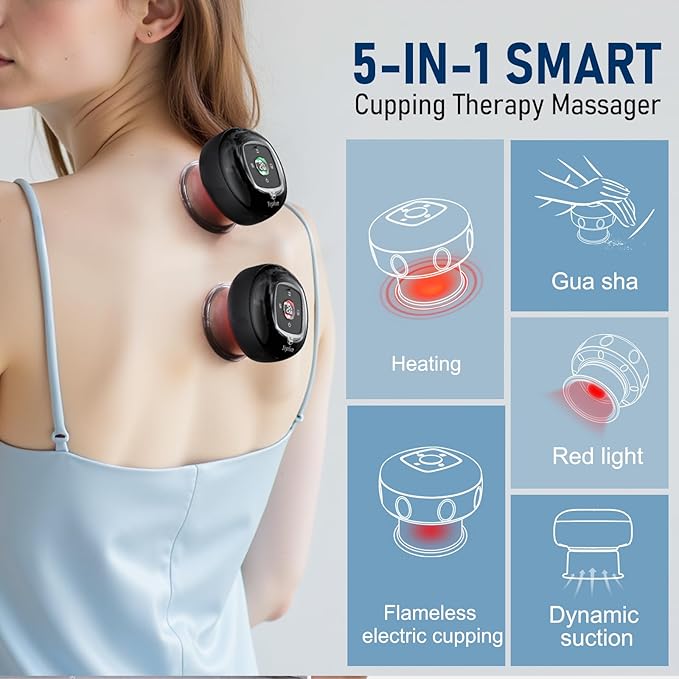 5-in-1 Smart Dynamic Cupping Set, 20 Levels Cupping Kit for Massage Therapy with Red Ligh-t Therapy&Heat Penetrates for Targeted Pain Relief, Knots, Aches, Muscle Soreness - 2Pcs(Black&Black)-CasaMuseHome