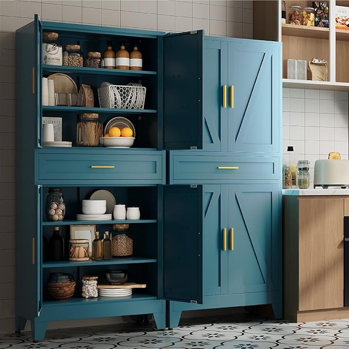 71 "Farmhouse Metal Filing Cabinet with a Drawer and 4 Adjustable Shelves, with 4 Large barn Door White Kitchen Cabinets, Metal Food Cabinets for Home, Kitchen, Dining/Living Room (Peacock Blue)-CasaMuseHome