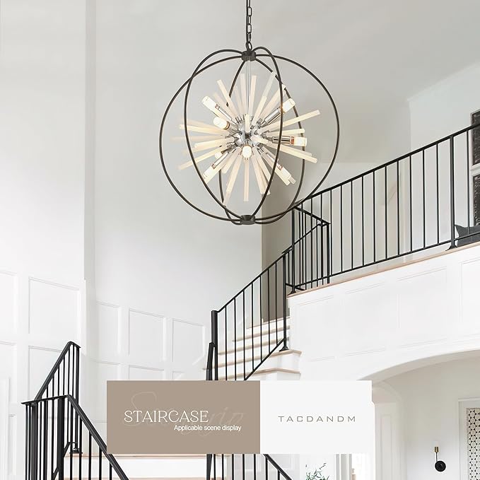23.6" Black Chrome 12-Light Globe Sputnik Chandelier Modern Adjustable Hanging Ceiling Glass Tube Pendant Light Fixture for Entryway Foyer Staircase Dining Living Room Hallway-CasaMuseHome