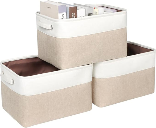 Kntiwiwo Foldable Storage Bins 15" x 10" x 9.5" Fabric Storage Basket Cube with Handles Large Linen Closet Organizer Bins for Organizing Shelf Home,Set of 3, Beige-CasaMuseHome