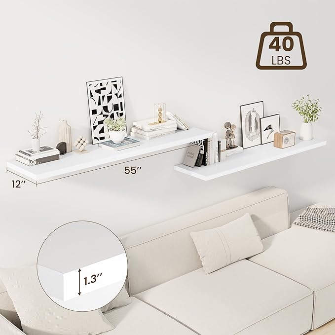 55" Floating Shelves for Wall, 12" Deep Slim White Floating Shelves, Wall-Mounted Shelves for Bedroom, Living Room, Kitchen, Bathroom - Set of 2-CasaMuseHome