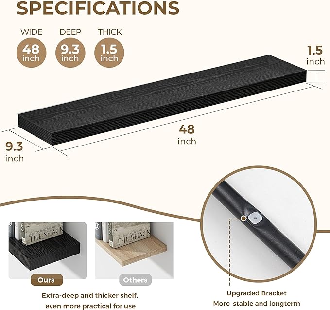 48 Inches Floating Shelves for Wall, 9.3" Deep Long Floating Shelves Set of 1, Large Display & Storage Shelf, Wall Shelf for Bathroom Bedroom Living Room Kitchen Office, Black-CasaMuseHome