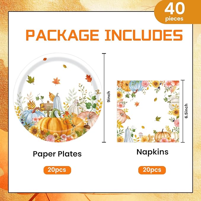 40Pcs Fall Paper Plates and Napkins Party Supplies, Disposable Thanksgiving Pumpkin Flower Wreath Plates Napkins Dinnerware Set for Autumn Theme Party Decorations (Fall)-CasaMuseHome